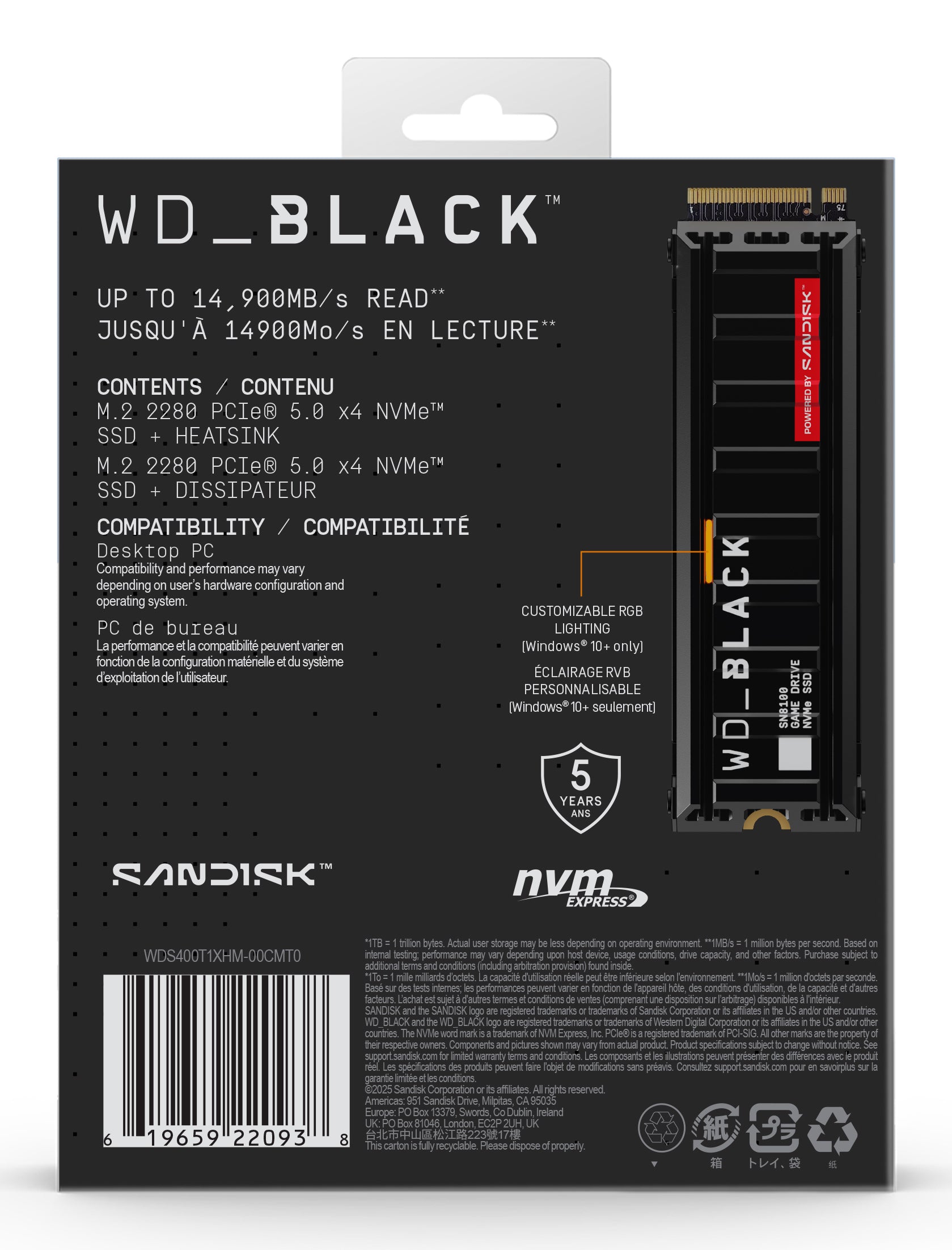 SSD WD_BLACK SN8100 HeatSink 4TB M.2 2280 PCIe Gen5 x4 NVMe, Read/Write: 14900/14000 MBps, IOPS 2300K/2400K, TBW: 2400, powered by SanDisk "WDS400T1XHM-00CMT0"