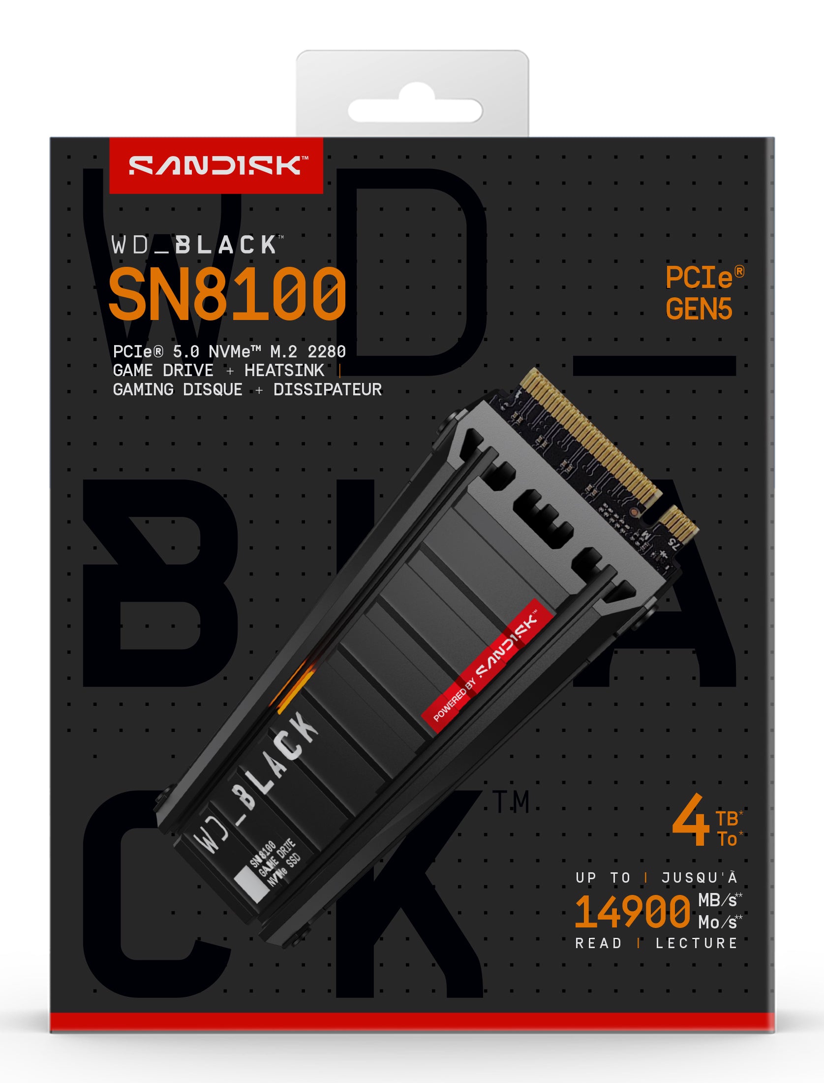 SSD WD_BLACK SN8100 HeatSink 4TB M.2 2280 PCIe Gen5 x4 NVMe, Read/Write: 14900/14000 MBps, IOPS 2300K/2400K, TBW: 2400, powered by SanDisk "WDS400T1XHM-00CMT0"