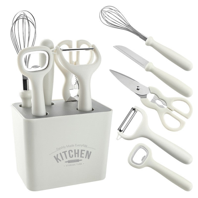 Set 6 ustensile bucatarie cu suport inclus, desfacator, curatator legume, foarfeca, cutit, tel, ABS si inox, alb