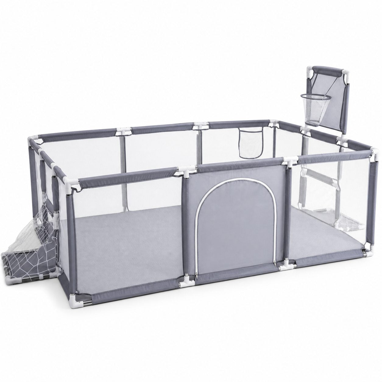 Tarc de Joaca pentru Copii DNT-108, Model Spatiu Fotbal si Basketball, 230 x 122 x 65 cm, Structura de Protectie pentru Interior, ABS si Poliester rezistent, Gri