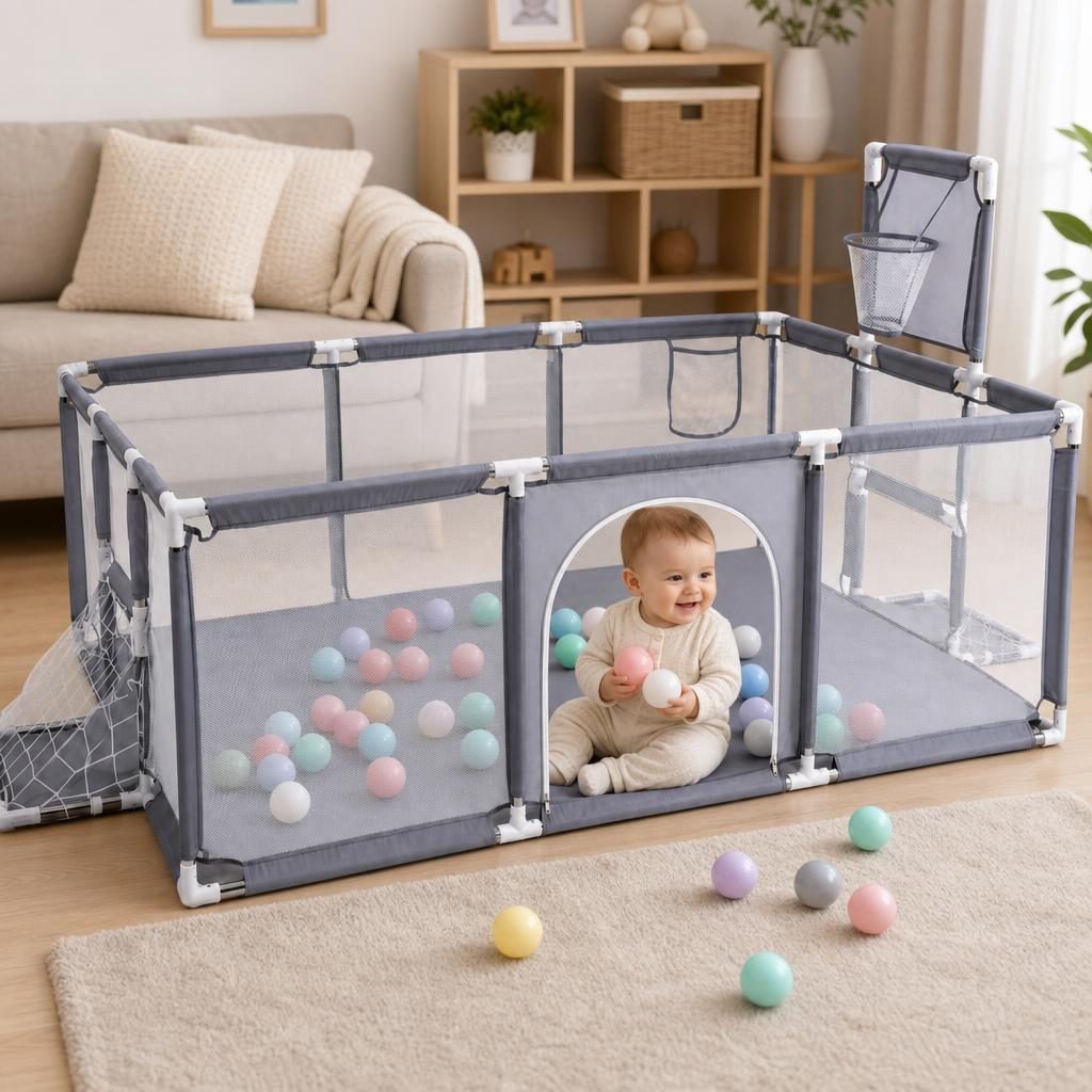 Tarc de Joaca pentru Copii DNT-108, Model Spatiu Fotbal si Basketball, 230 x 122 x 65 cm, Structura de Protectie pentru Interior, ABS si Poliester rezistent, Gri