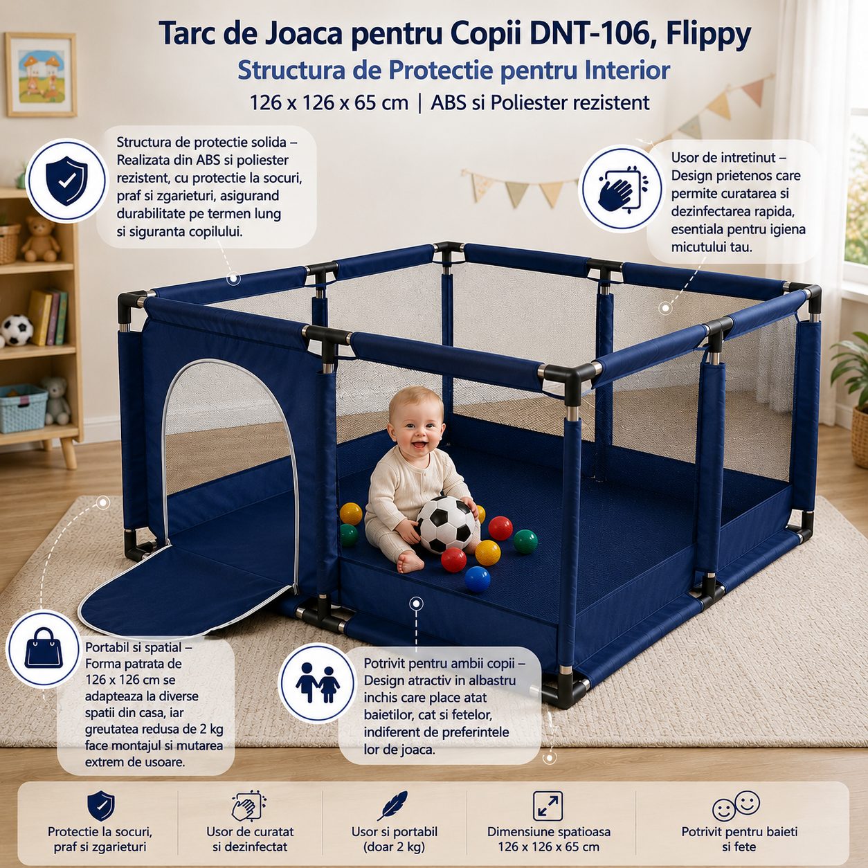 Tarc de Joaca pentru Copii DNT-106, Model Spatiu Fotbal, 126 x 126 x 65 cm, Structura de Protectie pentru Interior, ABS si Poliester rezistent, Albastru marin