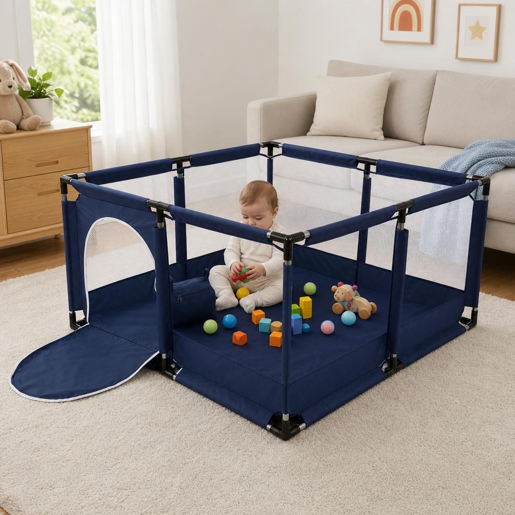 Tarc de Joaca pentru Copii DNT-106, Model Spatiu Fotbal, 126 x 126 x 65 cm, Structura de Protectie pentru Interior, ABS si Poliester rezistent, Albastru marin