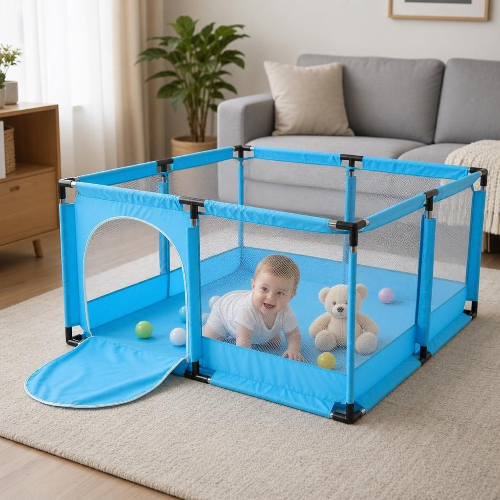 Tarc de Joaca pentru Copii DNT-106, Model Spatiu Fotbal, 126 x 126 x 65 cm, Structura de Protectie pentru Interior, ABS si Poliester rezistent, Albastru Deschis