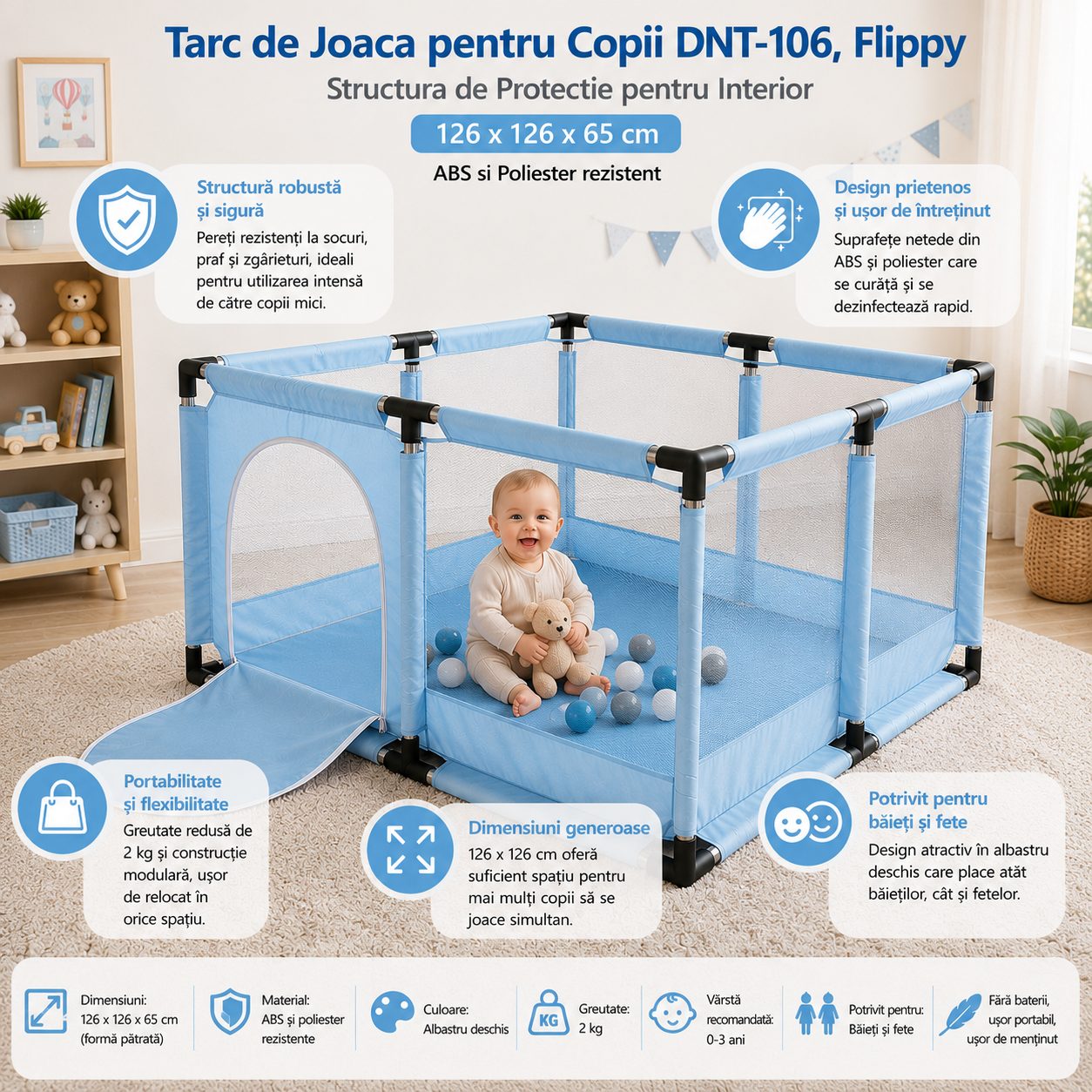 Tarc de Joaca pentru Copii DNT-106, Model Spatiu Fotbal, 126 x 126 x 65 cm, Structura de Protectie pentru Interior, ABS si Poliester rezistent, Albastru Deschis