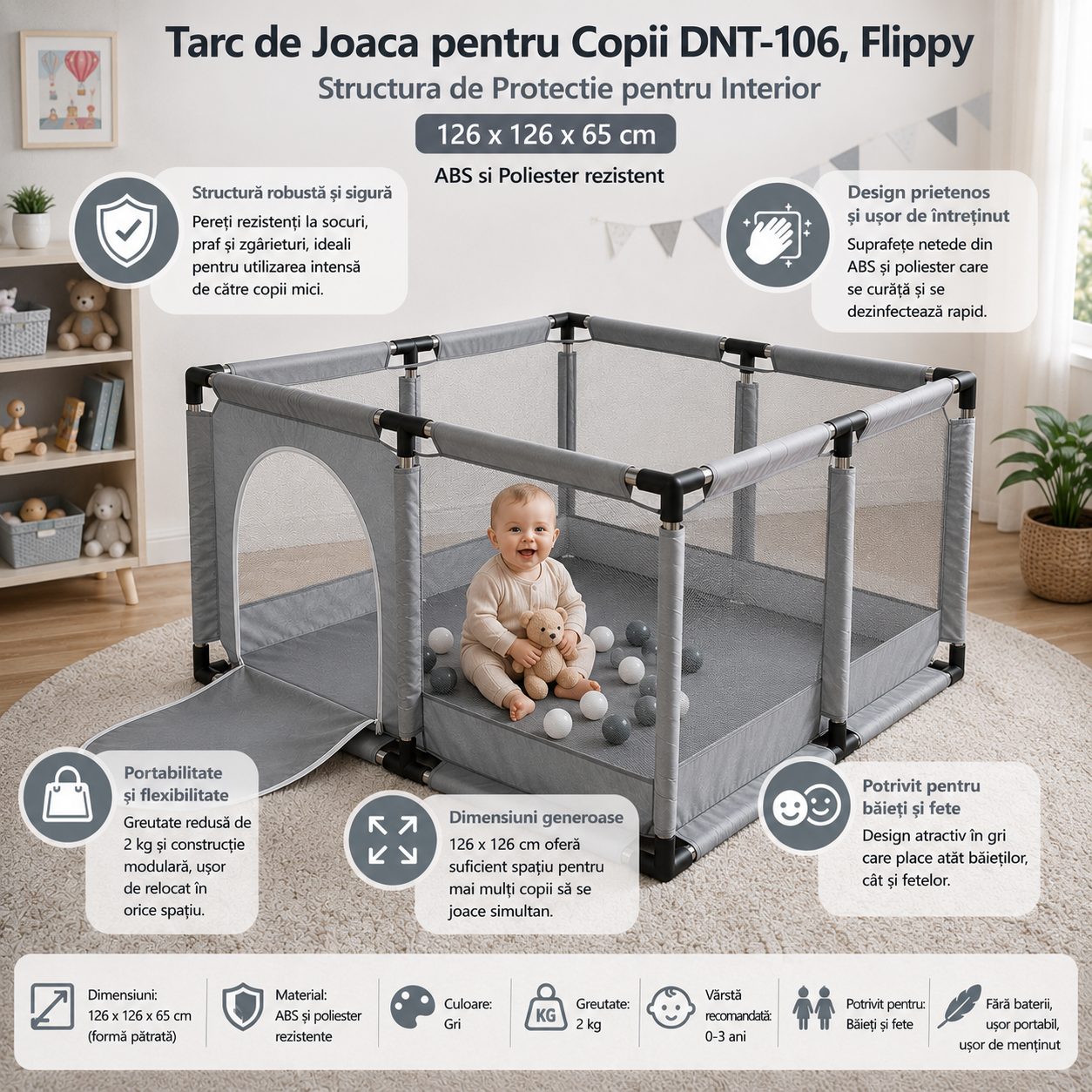 Tarc de Joaca pentru Copii DNT-106, Model Spatiu Fotbal, 126 x 126 x 65 cm, Structura de Protectie pentru Interior, ABS si Poliester rezistent, Gri