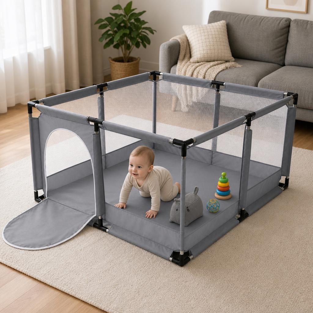 Tarc de Joaca pentru Copii DNT-106, Model Spatiu Fotbal, 126 x 126 x 65 cm, Structura de Protectie pentru Interior, ABS si Poliester rezistent, Gri