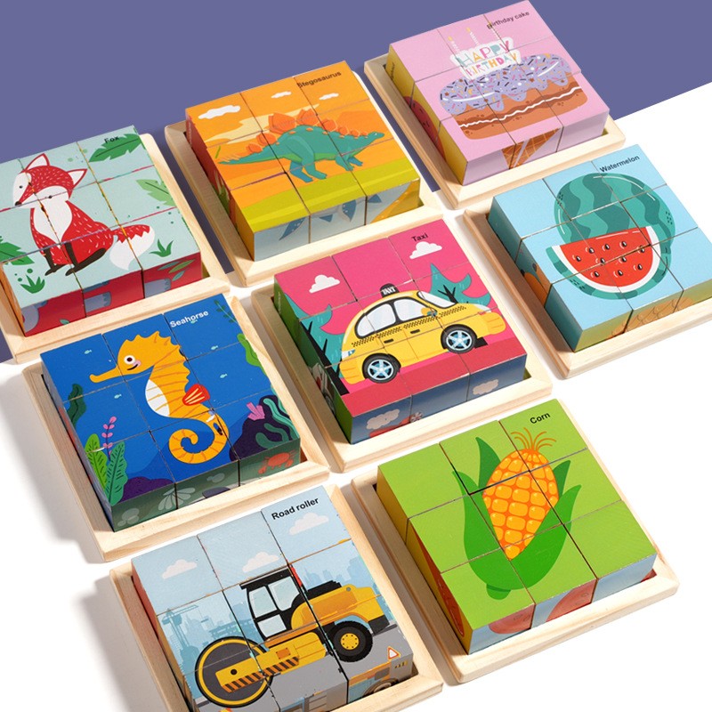 Puzzle din Lemn, Flippy, 9 Cuburi, 6 Fete, 4-6 Ani, 11 x 11 x 3.2 cm, Model Masini, Multicolor