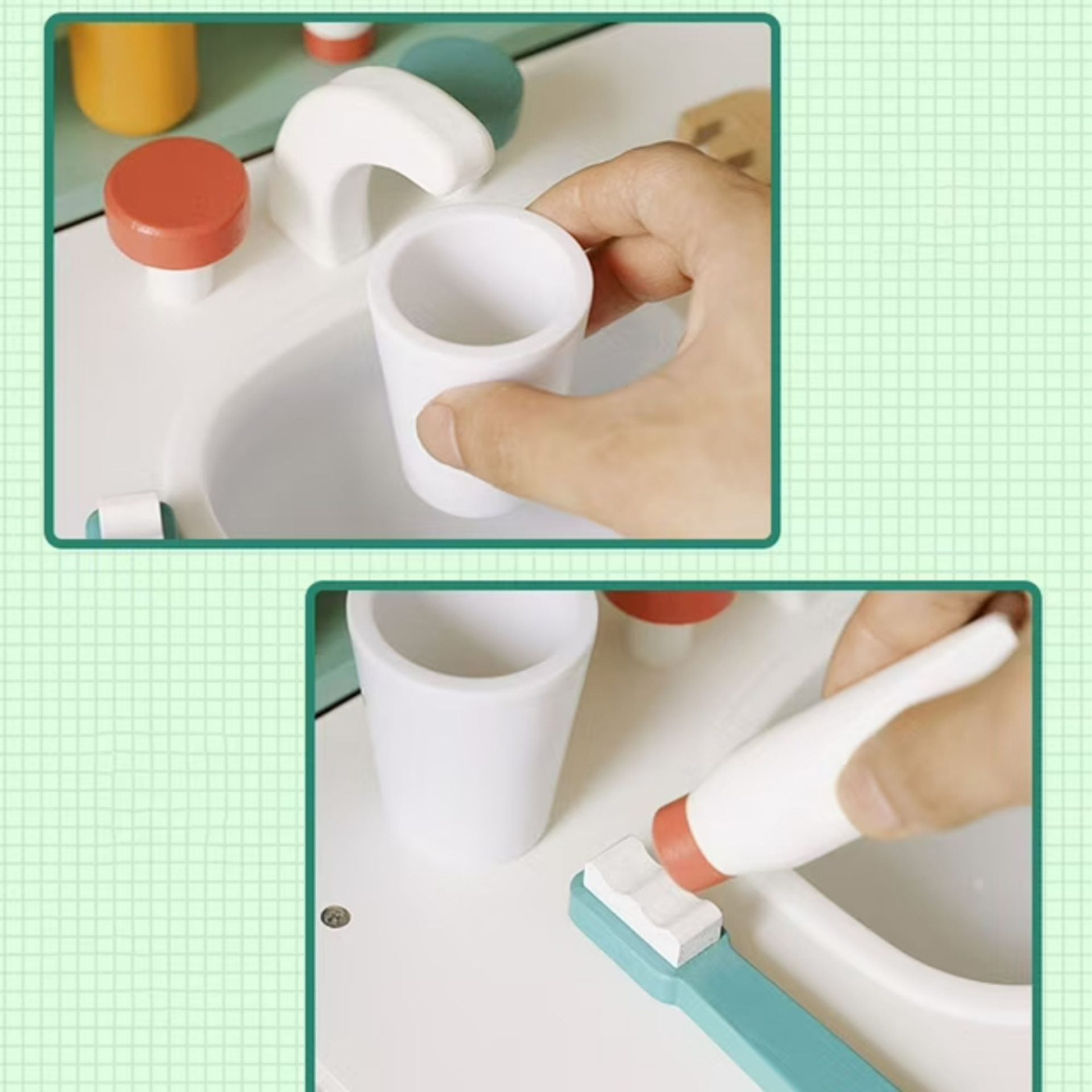 Jucarie Educativa Montessori din Lemn, Masuta de Toaleta si Lavoar Interactiv pentru Copii, Set de Joaca cu Accesorii de Baie si Ingrijire, 2 kg, 3 ani+, Multicolor