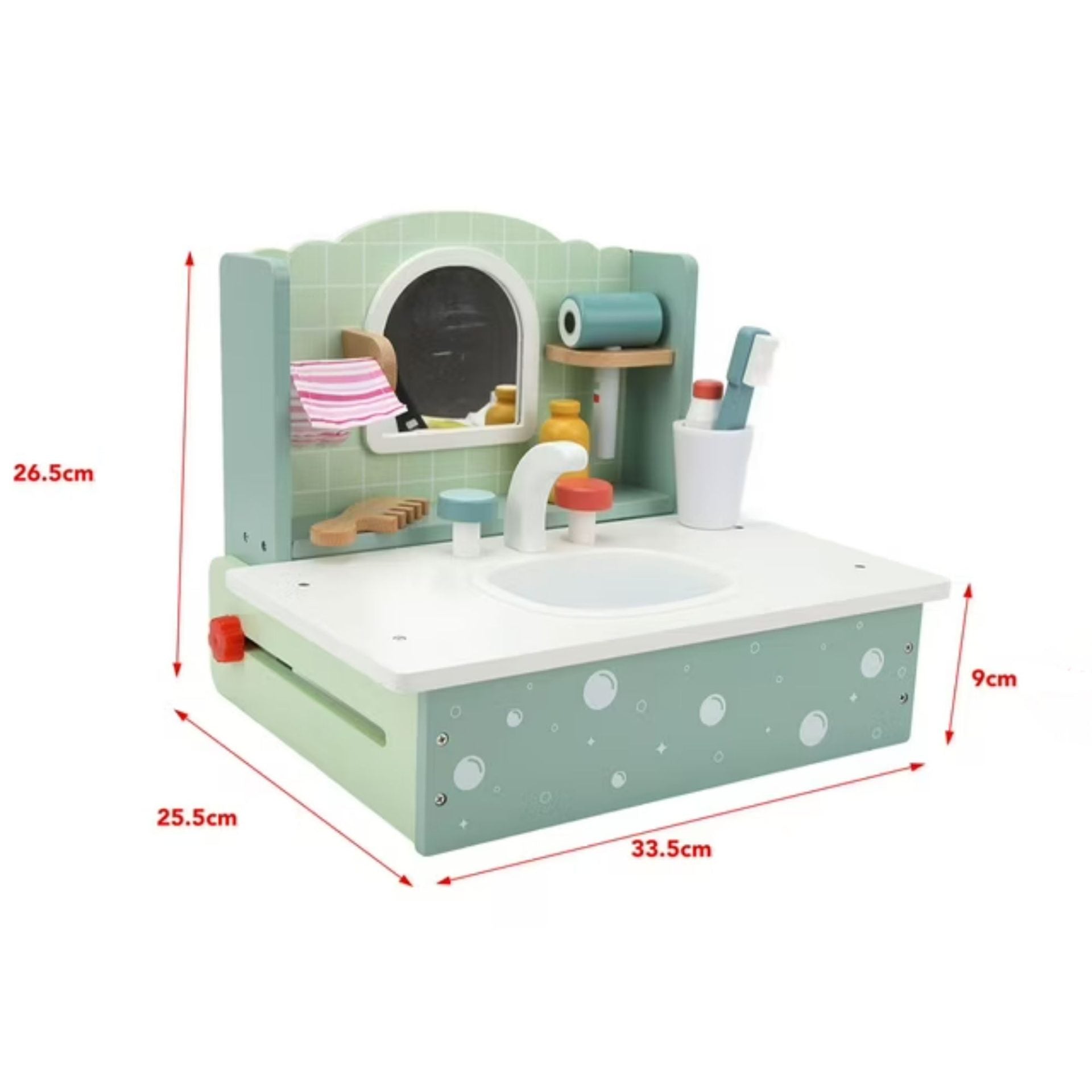 Jucarie Educativa Montessori din Lemn, Masuta de Toaleta si Lavoar Interactiv pentru Copii, Set de Joaca cu Accesorii de Baie si Ingrijire, 2 kg, 3 ani+, Multicolor
