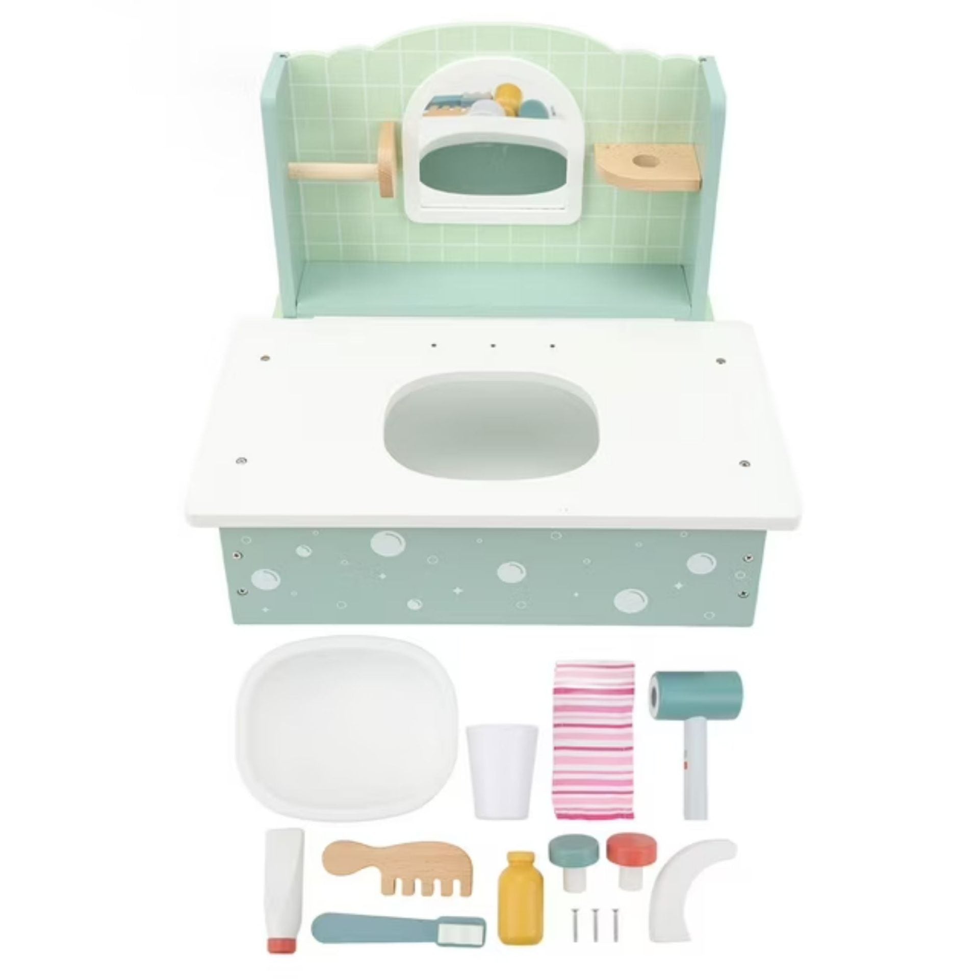 Jucarie Educativa Montessori din Lemn, Masuta de Toaleta si Lavoar Interactiv pentru Copii, Set de Joaca cu Accesorii de Baie si Ingrijire, 2 kg, 3 ani+, Multicolor