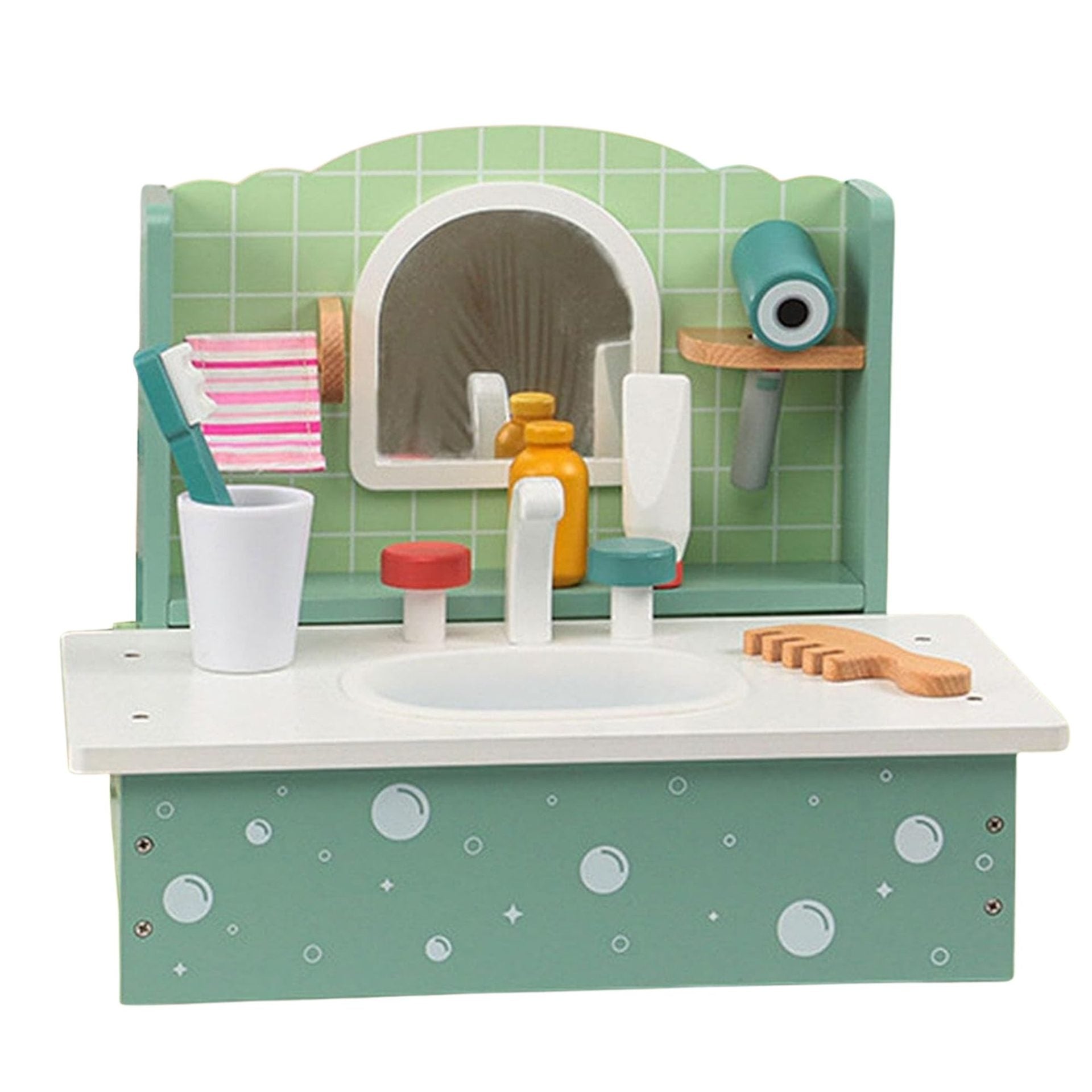 Jucarie Educativa Montessori din Lemn, Masuta de Toaleta si Lavoar Interactiv pentru Copii, Set de Joaca cu Accesorii de Baie si Ingrijire, 2 kg, 3 ani+, Multicolor