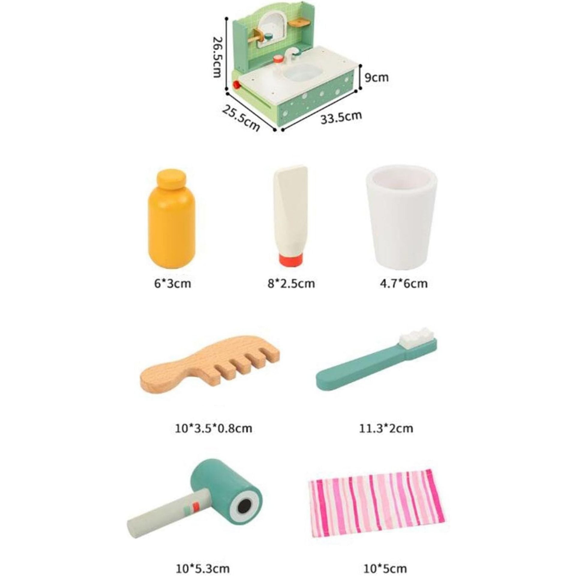 Jucarie Educativa Montessori din Lemn, Masuta de Toaleta si Lavoar Interactiv pentru Copii, Set de Joaca cu Accesorii de Baie si Ingrijire, 2 kg, 3 ani+, Multicolor
