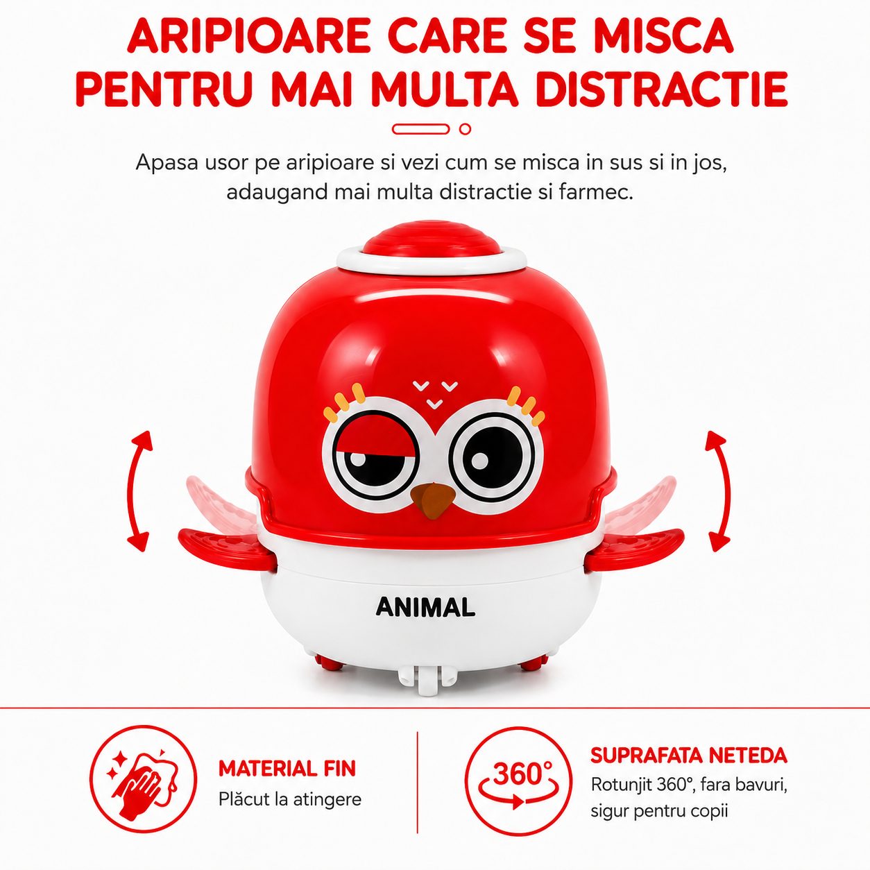 Jucarie Interactiva cu Inertie, Model Bufnita, Sunete si Lumini, pentru Copii 1-3 Ani, Rosu Deshis