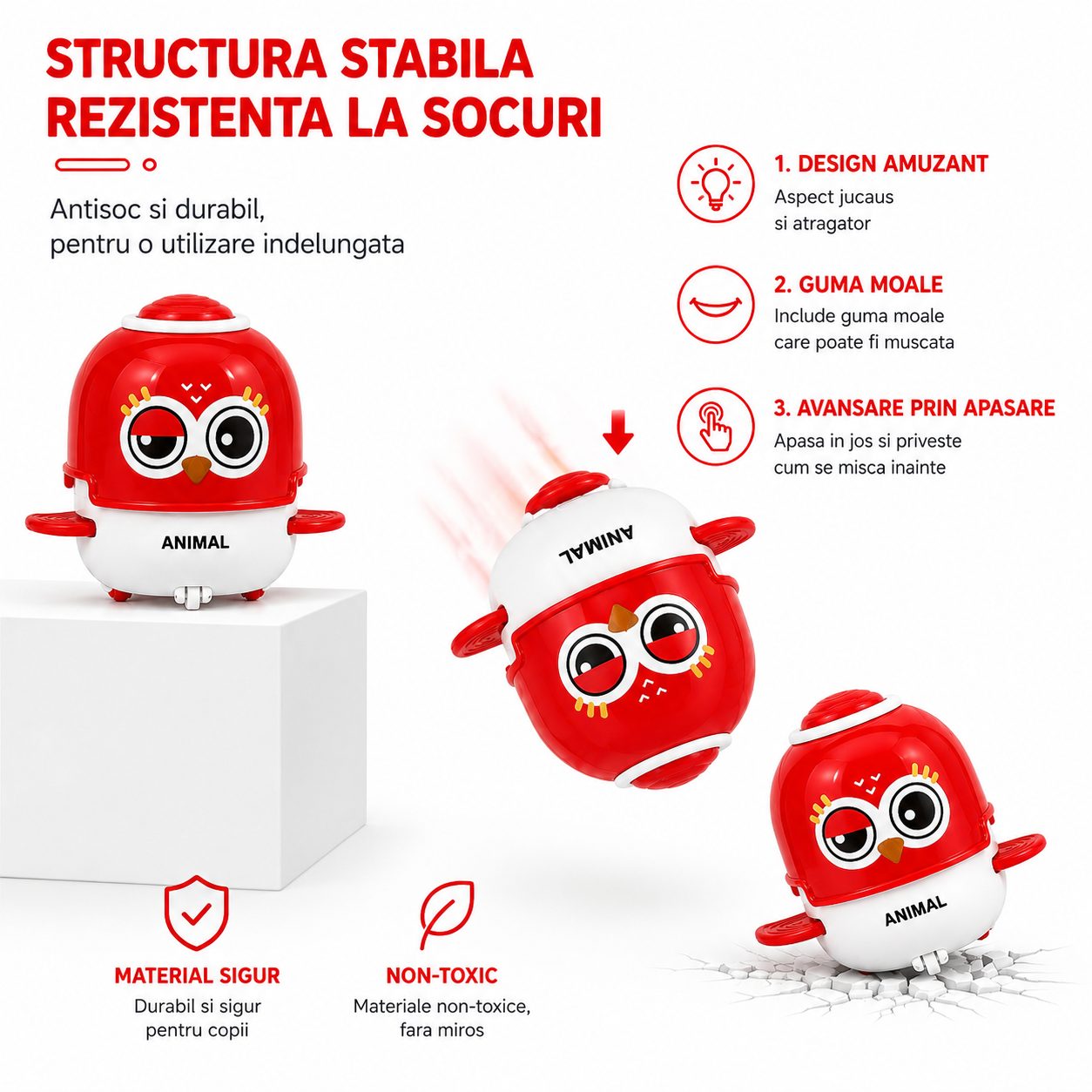 Jucarie Interactiva cu Inertie, Model Bufnita, Sunete si Lumini, pentru Copii 1-3 Ani, Rosu Deshis