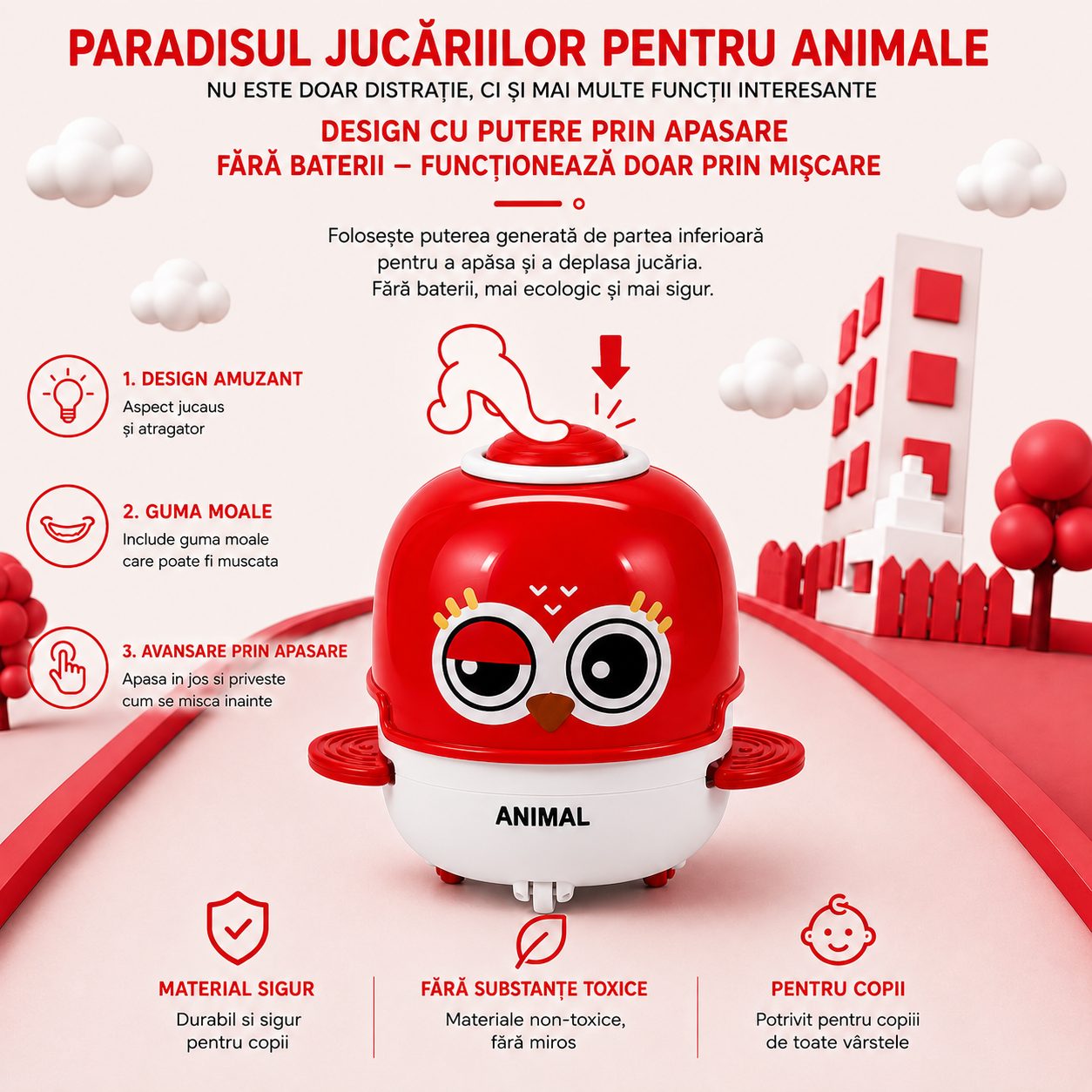 Jucarie Interactiva cu Inertie, Model Bufnita, Sunete si Lumini, pentru Copii 1-3 Ani, Rosu Deshis