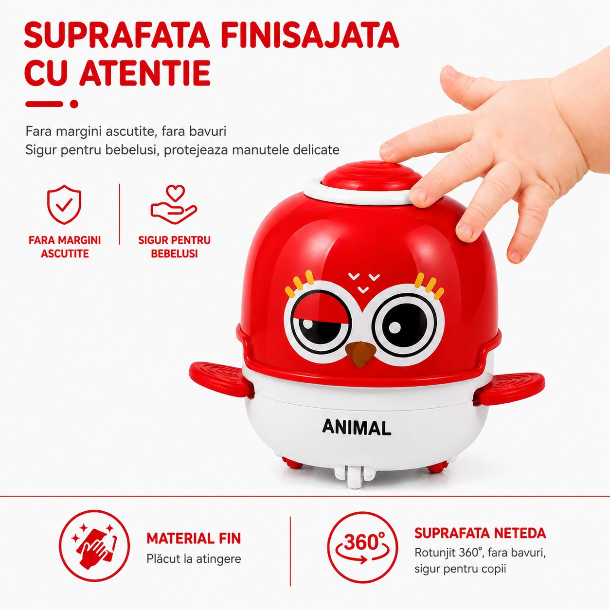 Jucarie Interactiva cu Inertie, Model Bufnita, Sunete si Lumini, pentru Copii 1-3 Ani, Rosu Deshis