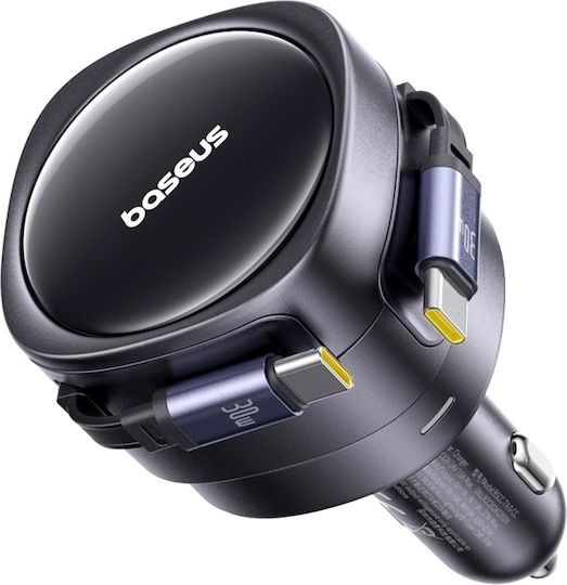 INCARCATOR auto Baseus Enjoyment Max, Quick Charge 60W, cablu retractabil integrat 2 x USB Type-C, negru "C00035507121-01" - 6932172682576