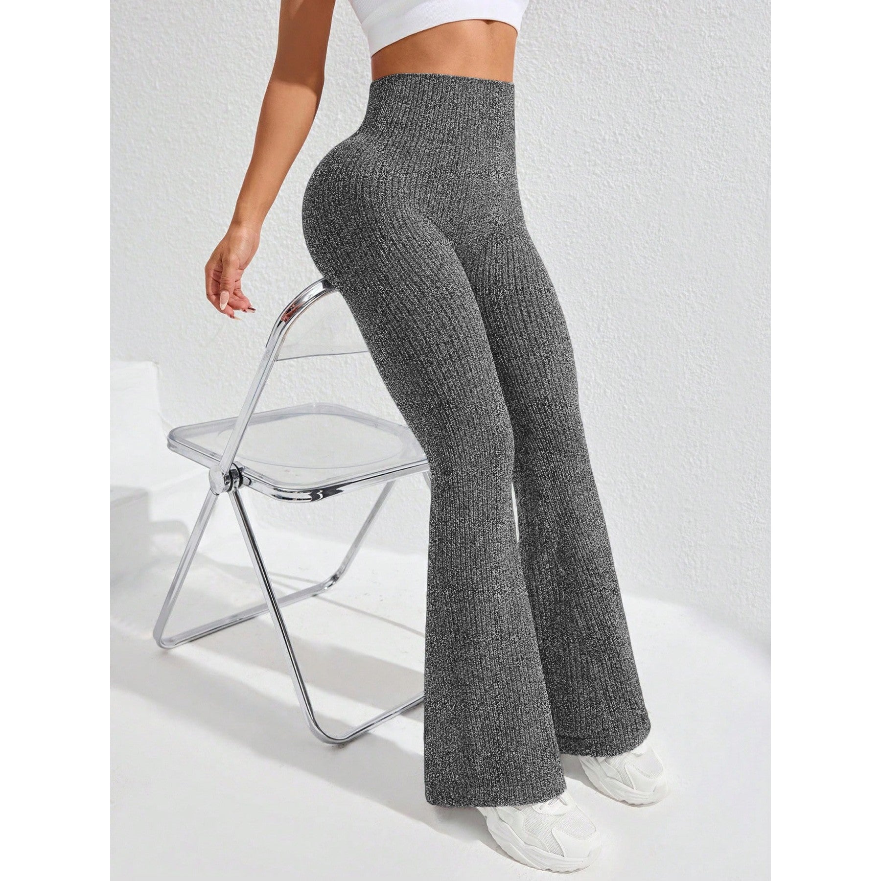 Pantaloni Sport de Dama, Flippy, pentru Yoga, Talie Inalta, Evazati, Tricotati, Gri Inchis, Marime XS