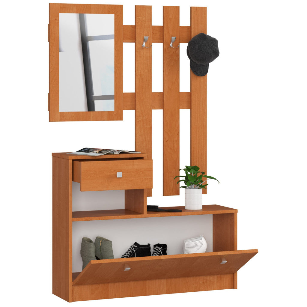 Set mobilier hol cu pantofar, oglinda, sertar si cuier metalic, PAL laminat, 90x25x170 cm, maro arin