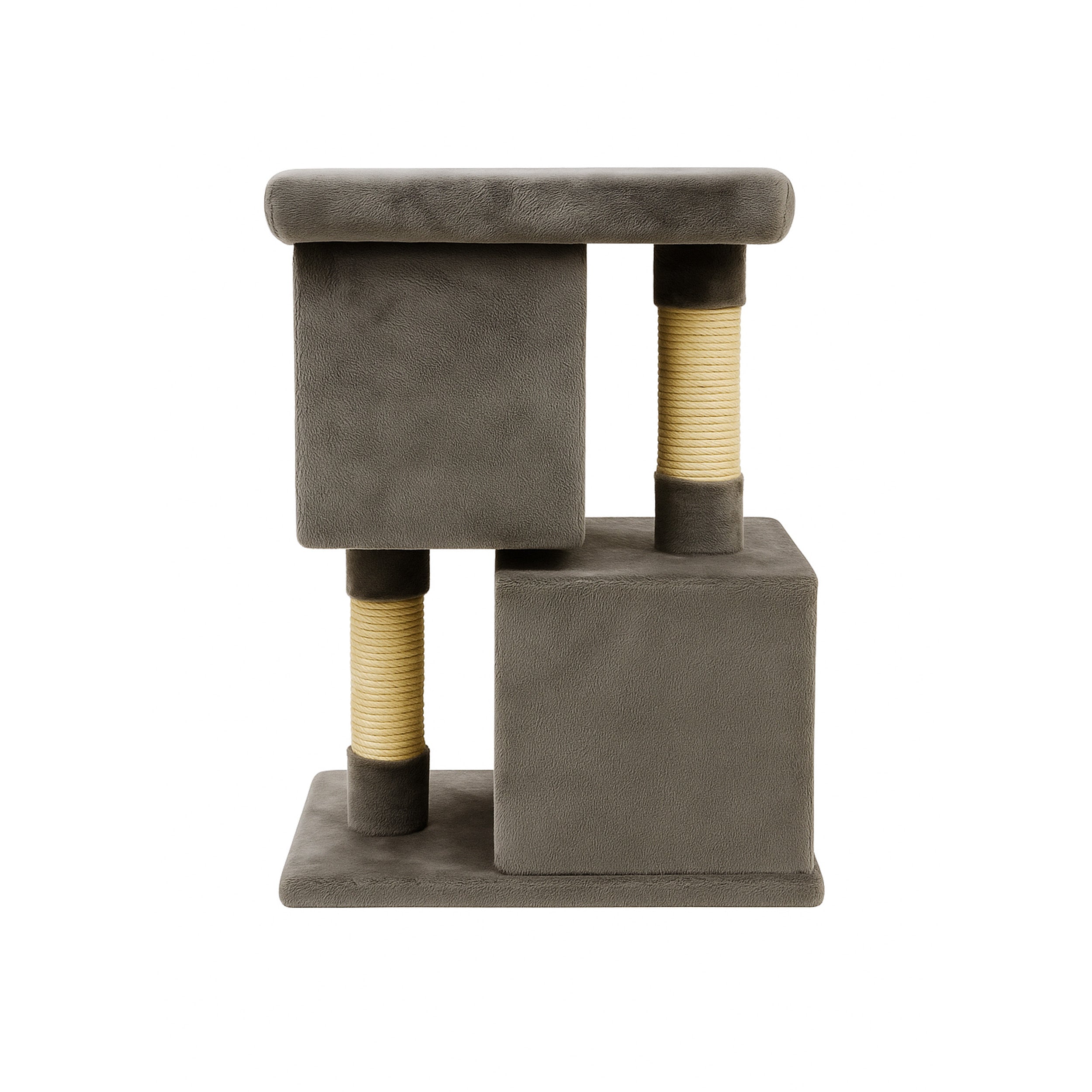 Ansamblu de zgariat pentru pisici tip turn cu 2 niveluri, tunel, casuta si pat, MDF si plus, 67 cm, gri
